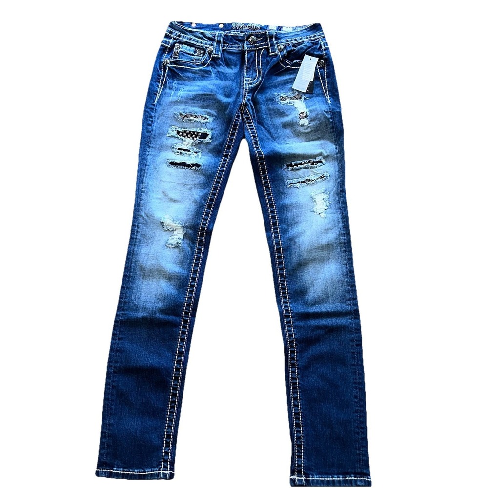 NEW Miss Me Jeans Women's 27 Skinny Blue Distressed Denim NWT